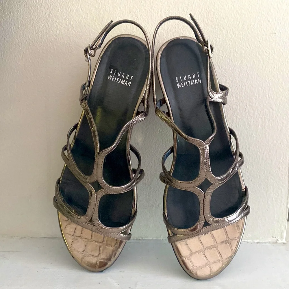 Stuart Weitzman Nuts bronze low strappy wedge Sandals Size 8 - Picture 2 of 10